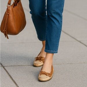 Coach / leather tan & sparkly subtle gold flats